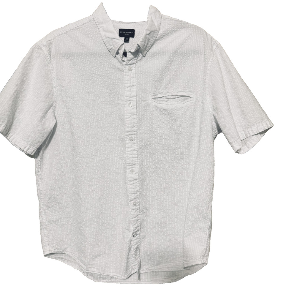 Club Monaco Men's Seersucker Button Up Shirt White short sleeve Slim Fit XL